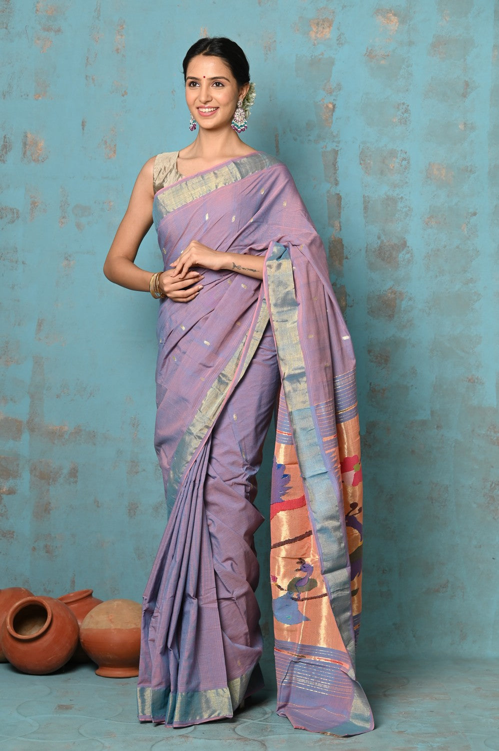 Very Much Indian Tyohaar - Handloom Pure Cotton Paithani With Parrot Peacock Pallu- Dual Tone Sky Blue & Purple - Distacart