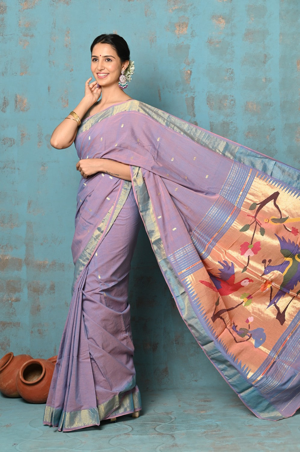 Very Much Indian Tyohaar - Handloom Pure Cotton Paithani With Parrot Peacock Pallu- Dual Tone Sky Blue & Purple - Distacart