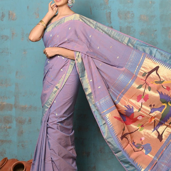 Very Much Indian Tyohaar - Handloom Pure Cotton Paithani With Parrot Peacock Pallu- Dual Tone Sky Blue & Purple - Distacart