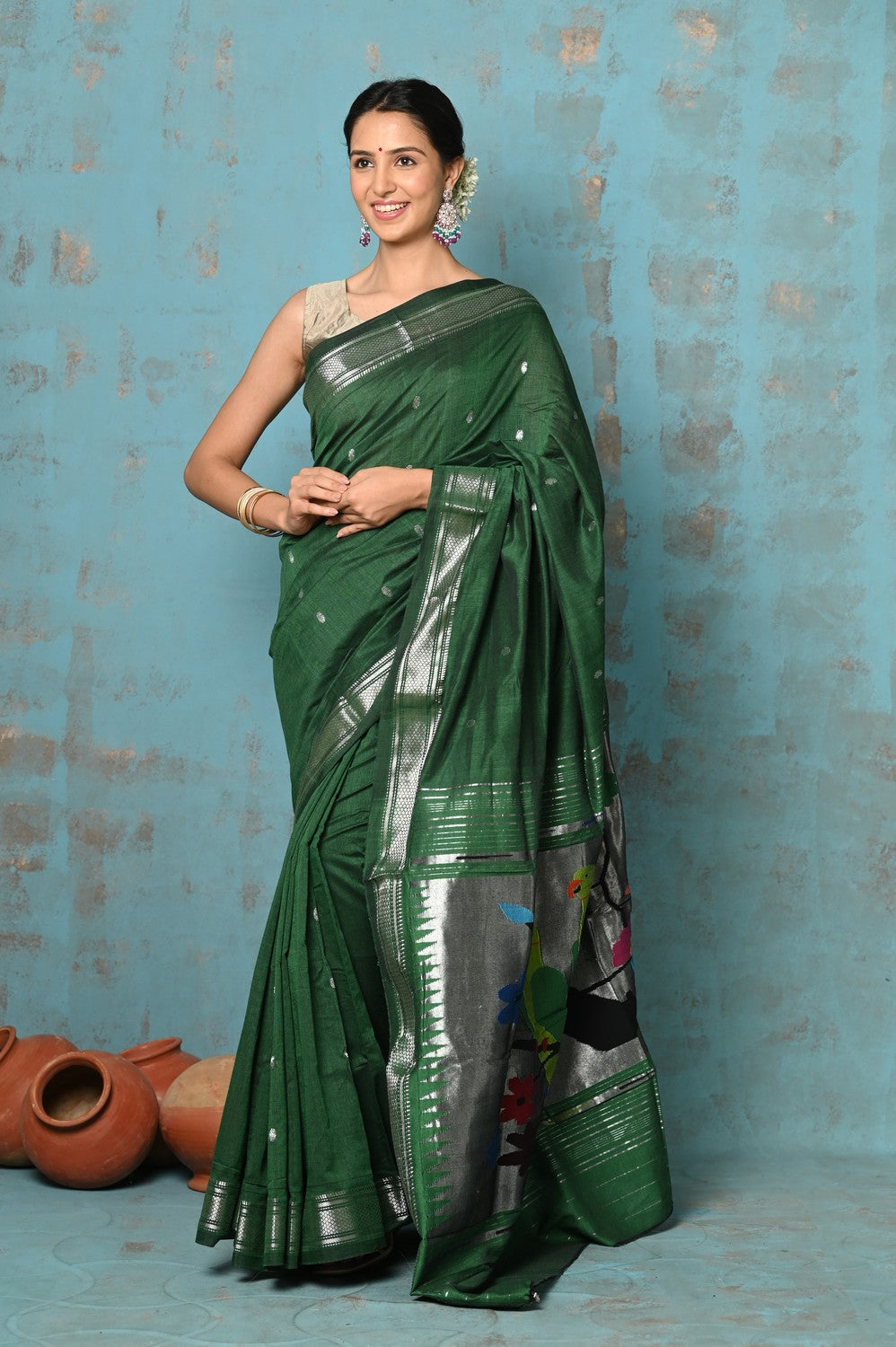 Very Much Indian Tyohaar - Handloom Pure Cotton Paithani With Parrot Pallu- Dark Green - Distacart