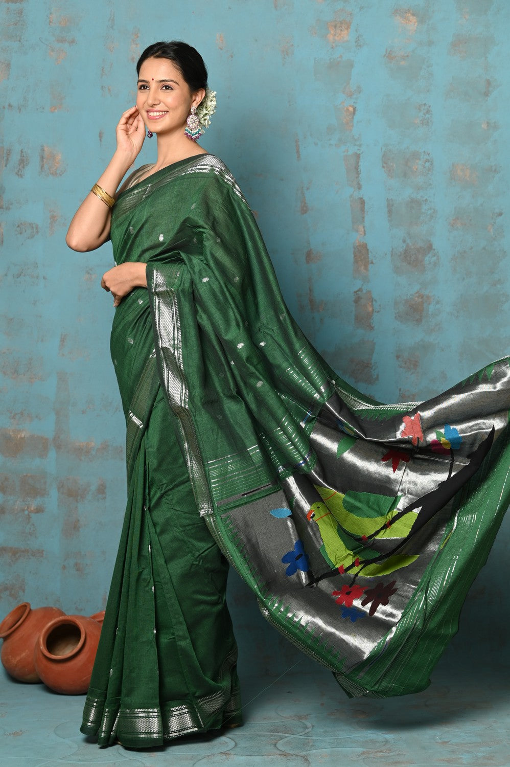 Very Much Indian Tyohaar - Handloom Pure Cotton Paithani With Parrot Pallu- Dark Green - Distacart