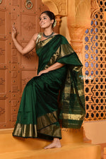 Thumbnail for Very Much Indian Shubh - Handloom Cotton Silk Saree with Golden Border in Exclusive Royal Green