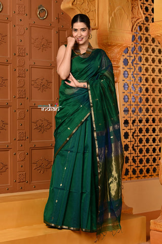 Very Much Indian Shubh - Handloom Cotton Silk Saree with Sleek Golden Border in Exclusive Dual Tone Green Blue