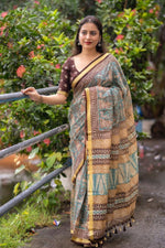 Thumbnail for Grey Silk Blend Geometric Saree with Unstitched Blouse - A2M