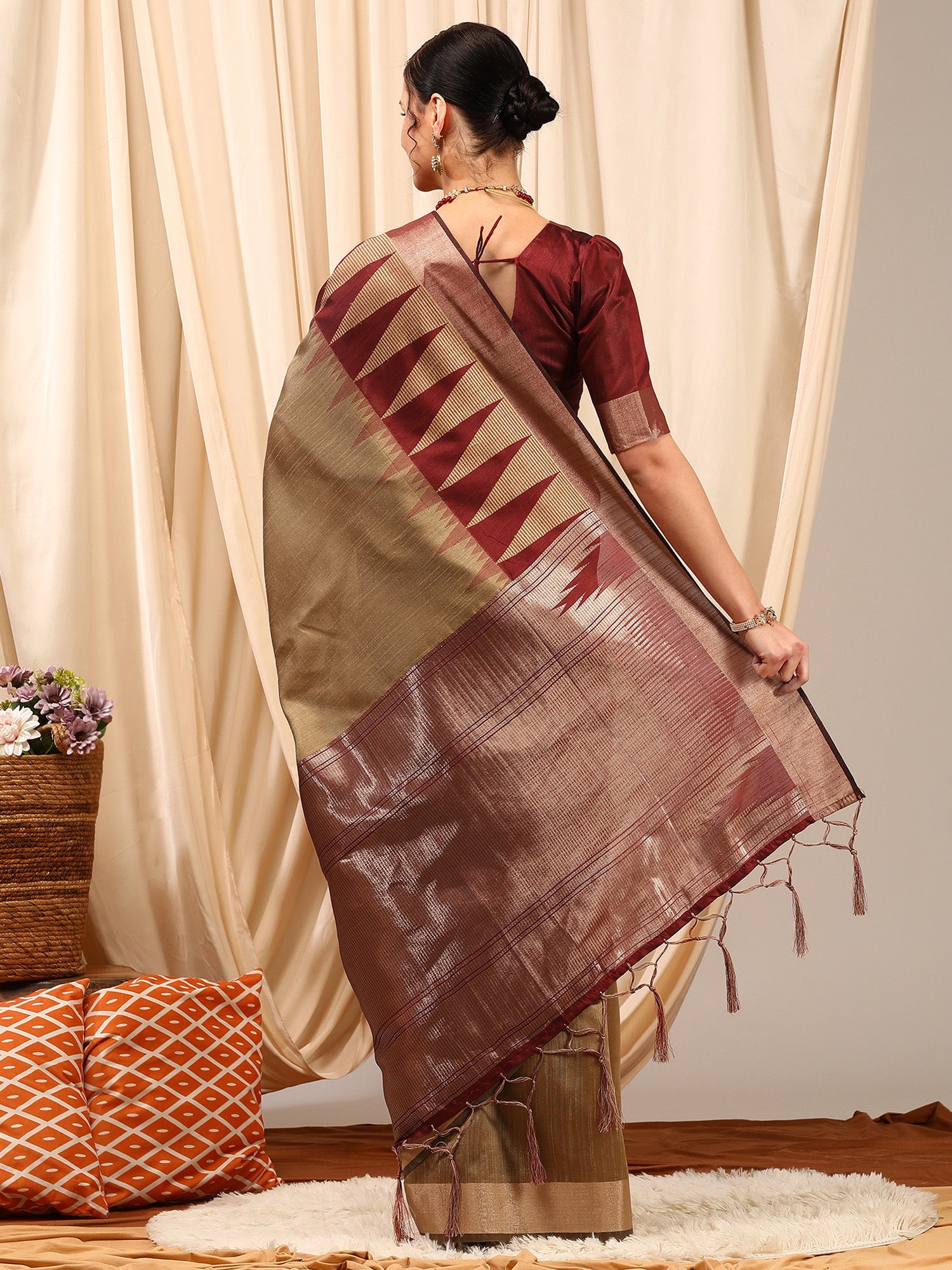 NOZ2TOZ Women's Silk Cotton Beige Woven Design Designer Saree With Blouse Piece - Distacart