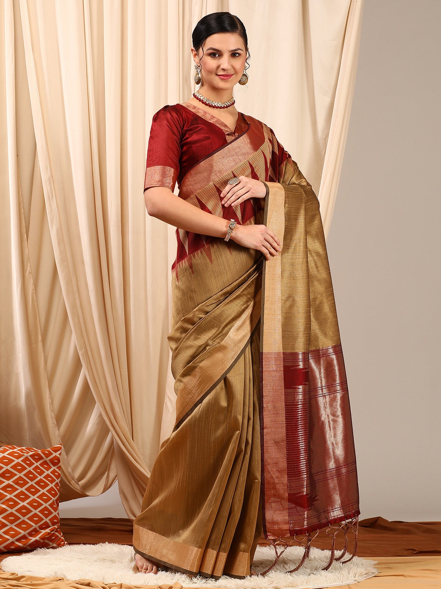NOZ2TOZ Women's Silk Cotton Beige Woven Design Designer Saree With Blouse Piece - Distacart