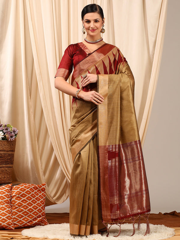 NOZ2TOZ Women's Silk Cotton Beige Woven Design Designer Saree With Blouse Piece - Distacart