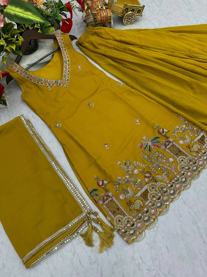Teeya Creation Womens New Stylish Moti Beads With Cording Sequence Thread Embroidery Work Yellow Kurta Set - Dista