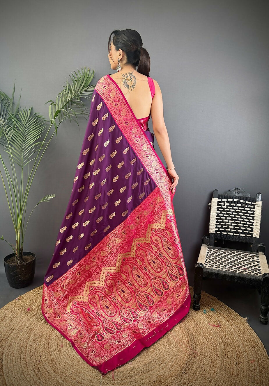 Joban Fashion Banarasi Purple Woven Butti Soft Silk Saree