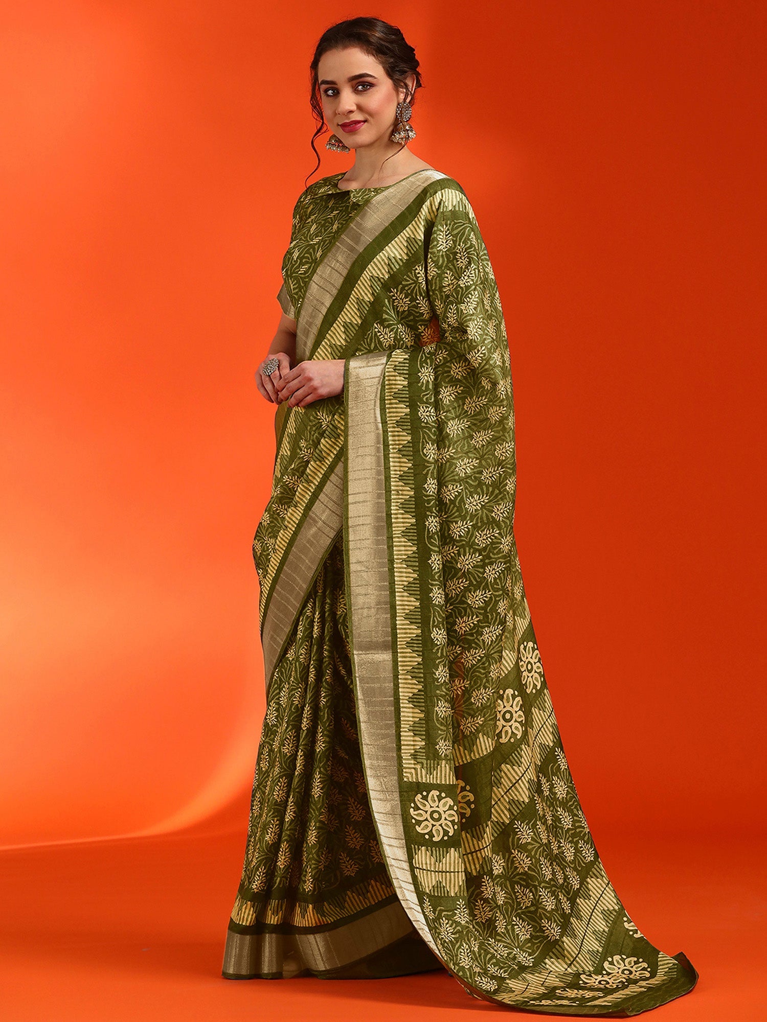 NOZ2TOZ Women's Cotton Silk Olive Printed Designer Saree With Blouse Piece - Distacart