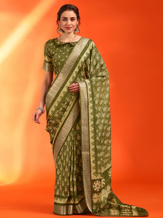 NOZ2TOZ Women's Cotton Silk Olive Printed Designer Saree With Blouse Piece - Distacart