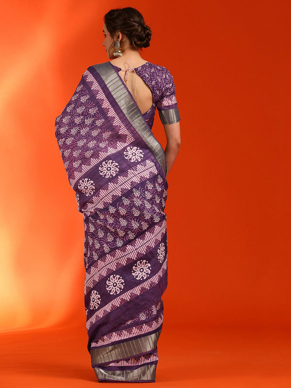 NOZ2TOZ Women's Cotton Silk Violet Printed Designer Saree With Blouse Piece - Distacart