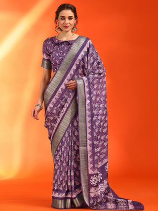 NOZ2TOZ Women's Cotton Silk Violet Printed Designer Saree With Blouse Piece - Distacart