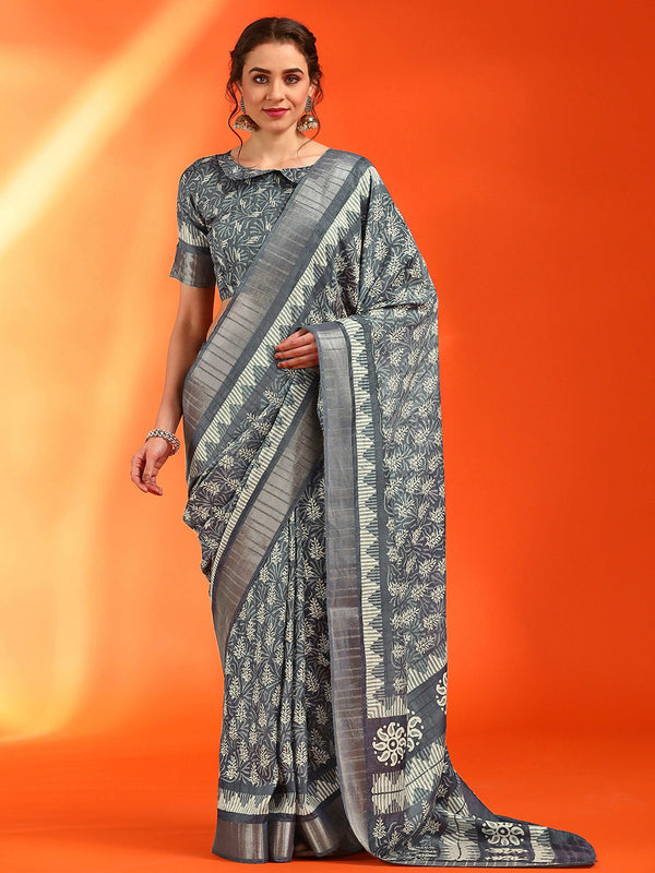 NOZ2TOZ Women's Cotton Silk Grey Printed Designer Saree With Blouse Piece - Distacart