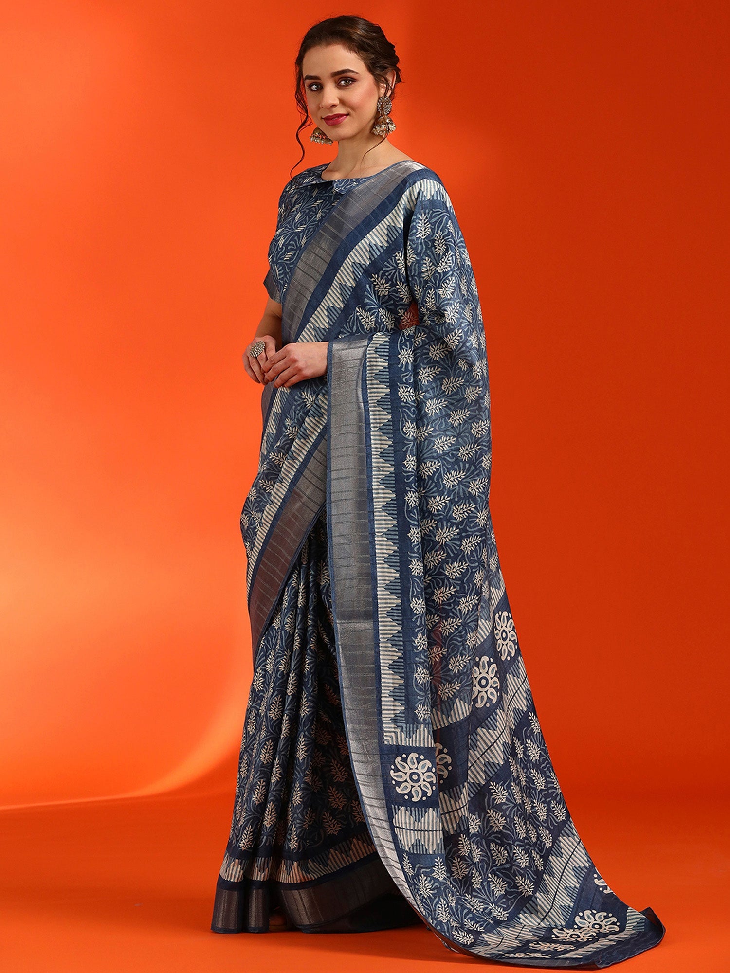 NOZ2TOZ Women's Cotton Silk Navy Blue Printed Designer Saree With Blouse Piece - Distacart