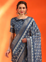 Thumbnail for NOZ2TOZ Women's Cotton Silk Navy Blue Printed Designer Saree With Blouse Piece - Distacart