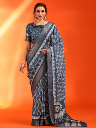NOZ2TOZ Women's Cotton Silk Navy Blue Printed Designer Saree With Blouse Piece - Distacart