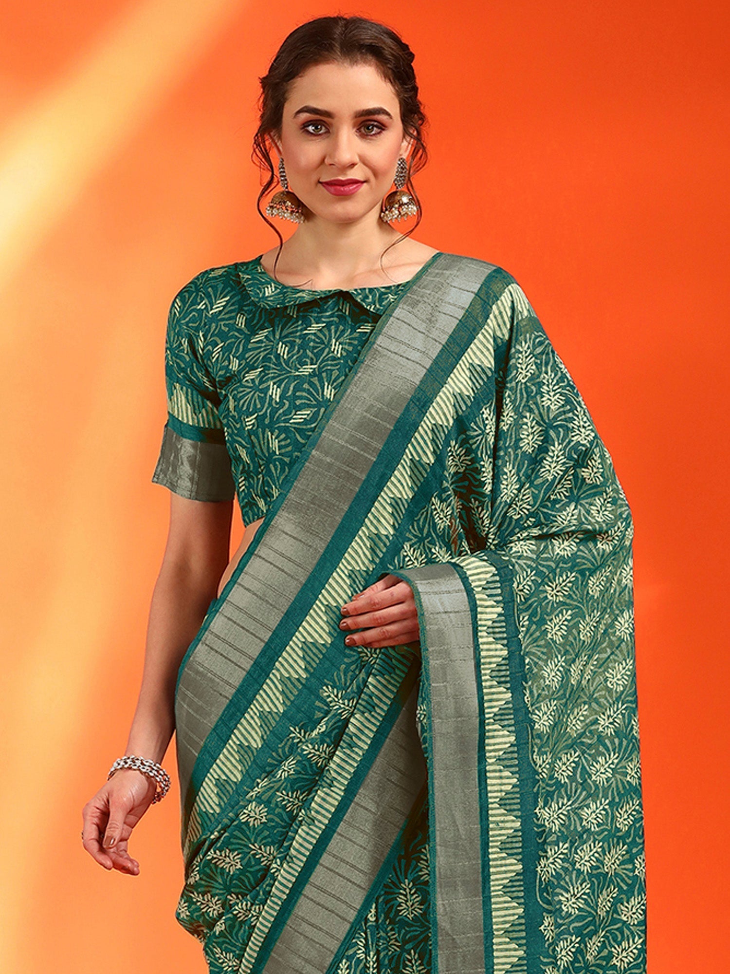 NOZ2TOZ Women's Cotton Silk Teal green Printed Designer Saree With Blouse Piece - Distacart