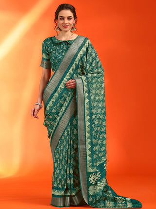 NOZ2TOZ Women's Cotton Silk Teal green Printed Designer Saree With Blouse Piece - Distacart
