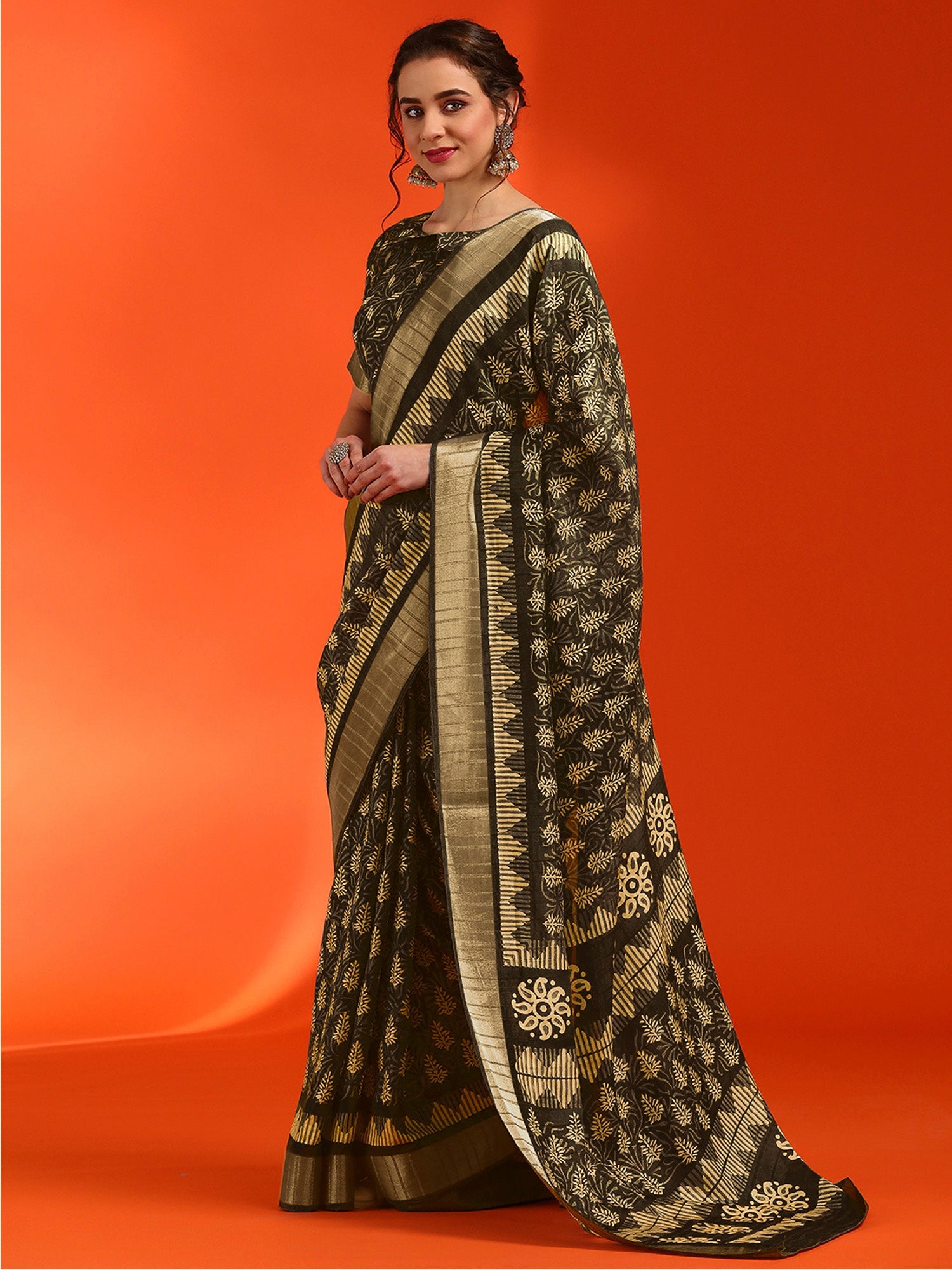NOZ2TOZ Women's Cotton Silk Olive Printed Designer Saree With Blouse Piece - Distacart