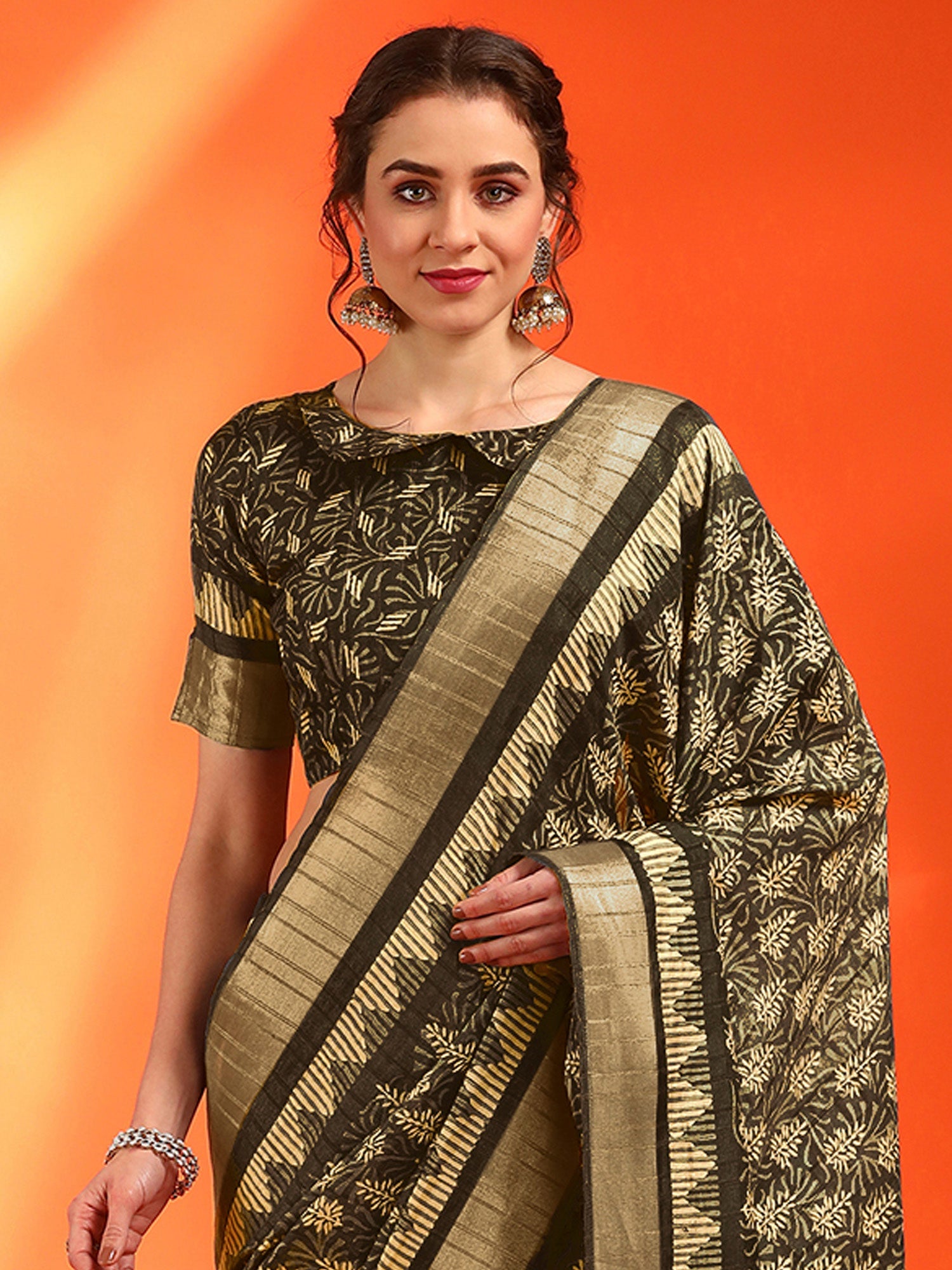NOZ2TOZ Women's Cotton Silk Olive Printed Designer Saree With Blouse Piece - Distacart