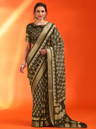 NOZ2TOZ Women's Cotton Silk Olive Printed Designer Saree With Blouse Piece - Distacart