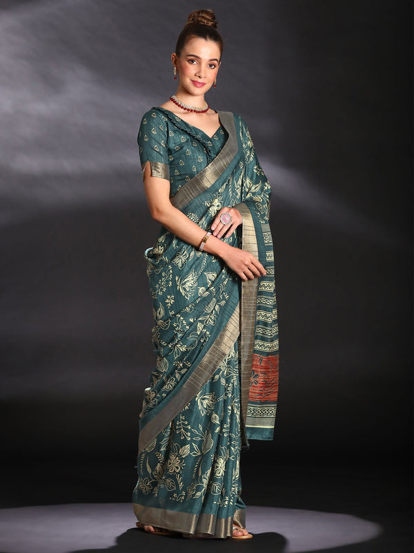 NOZ2TOZ Women's Silk Blend Teal blue Printed Designer Saree With Blouse Piece - Distacart