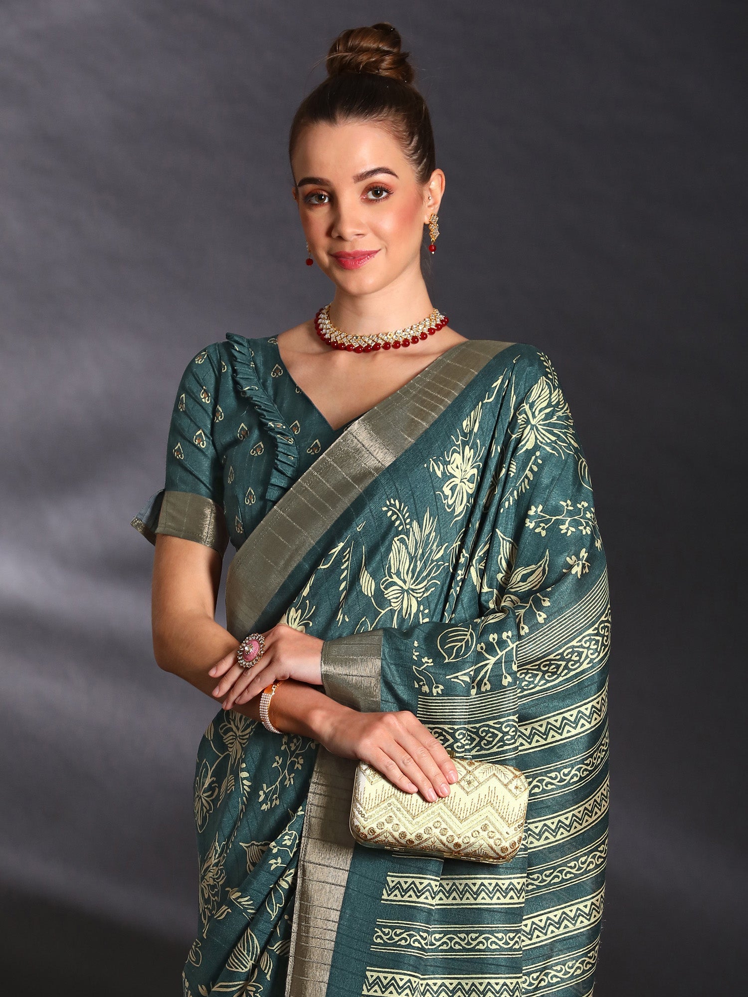 NOZ2TOZ Women's Silk Blend Teal blue Printed Designer Saree With Blouse Piece - Distacart