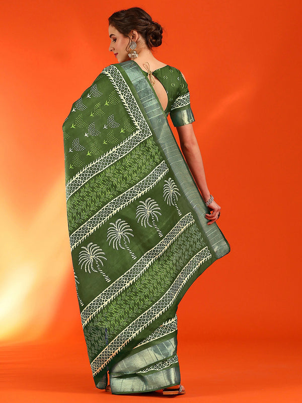 NOZ2TOZ Women's Cotton Silk Green Printed Designer Saree With Blouse Piece - Distacart