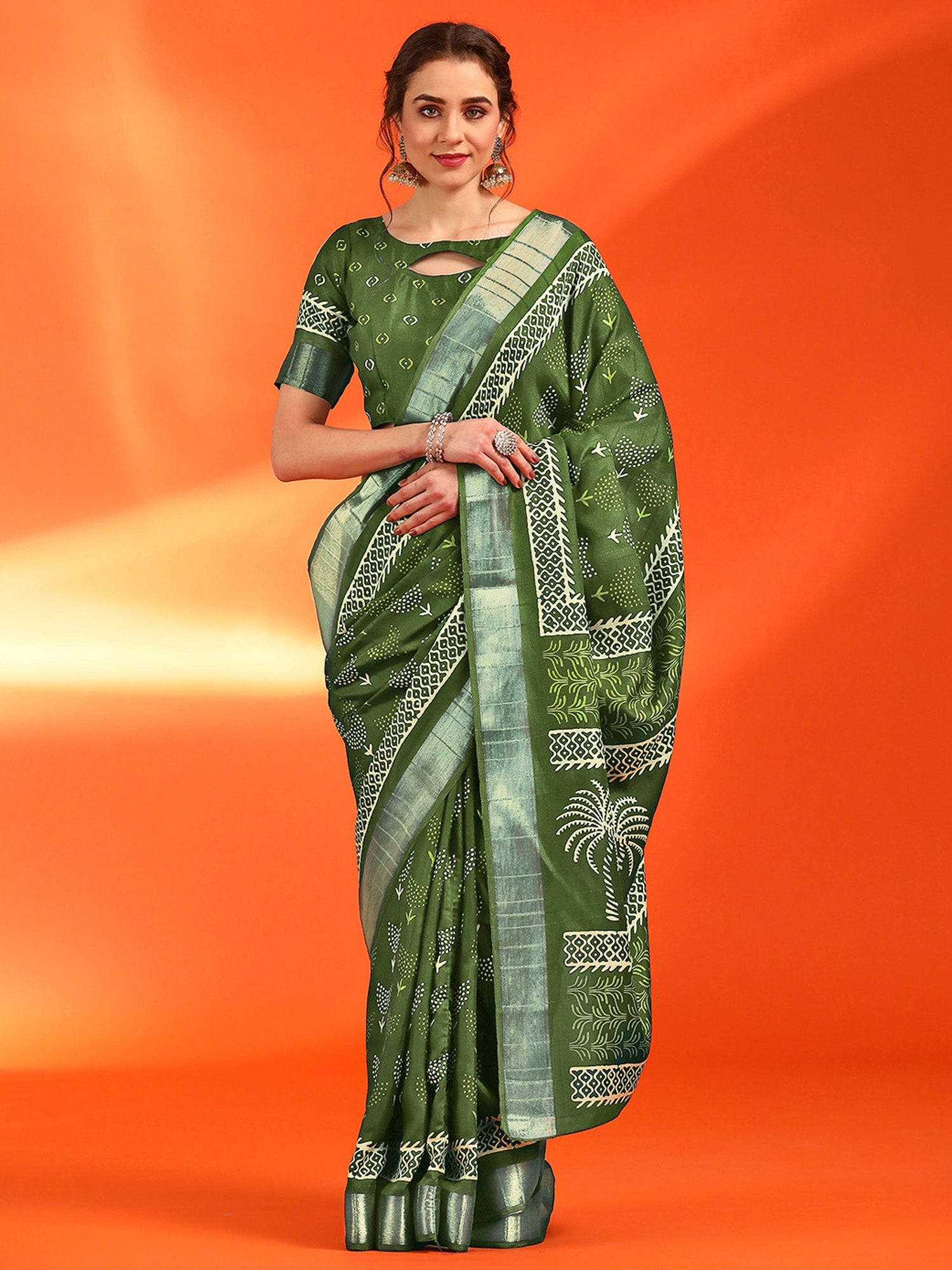 NOZ2TOZ Women's Cotton Silk Green Printed Designer Saree With Blouse Piece - Distacart
