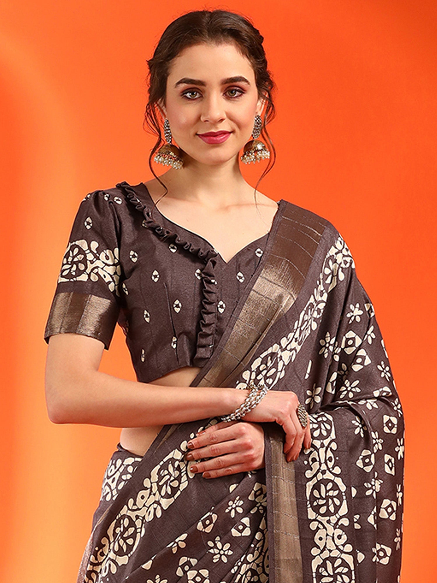 NOZ2TOZ Women's Silk Blend Brown Printed Designer Saree With Blouse Piece - Distacart