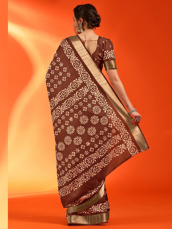 NOZ2TOZ Women's Silk Blend Brown Printed Designer Saree With Blouse Piece - Distacart