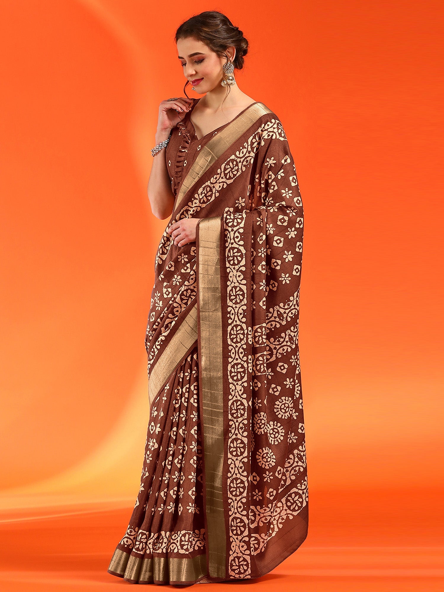 NOZ2TOZ Women's Silk Blend Brown Printed Designer Saree With Blouse Piece - Distacart