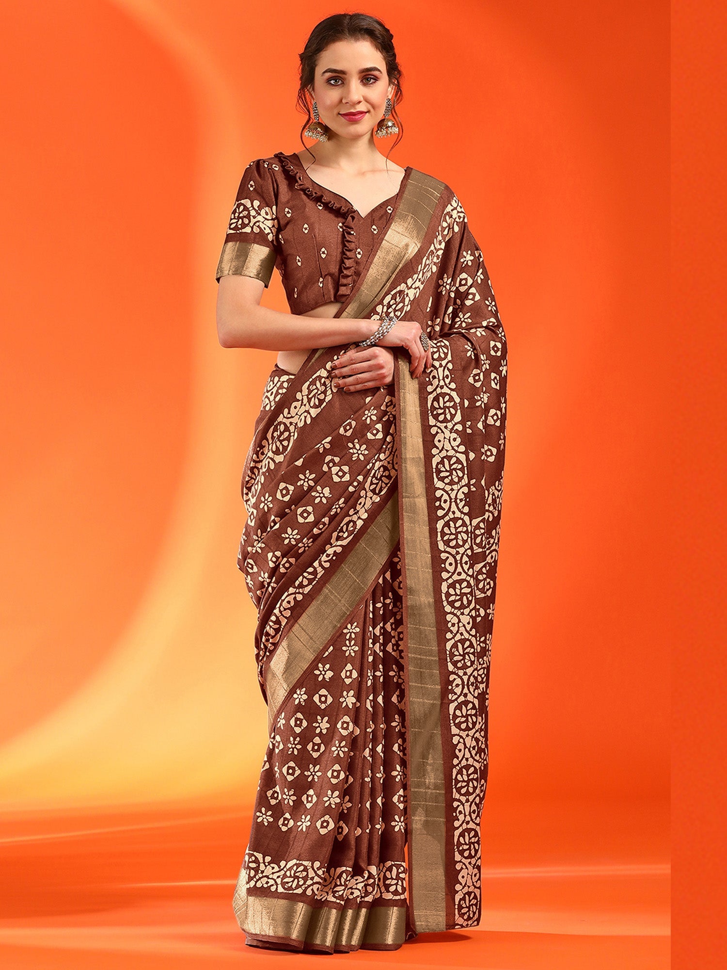 NOZ2TOZ Women's Silk Blend Brown Printed Designer Saree With Blouse Piece - Distacart
