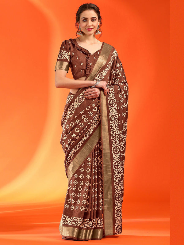 NOZ2TOZ Women's Silk Blend Brown Printed Designer Saree With Blouse Piece - Distacart