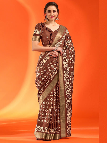 NOZ2TOZ Women's Silk Blend Brown Printed Designer Saree With Blouse Piece - Distacart