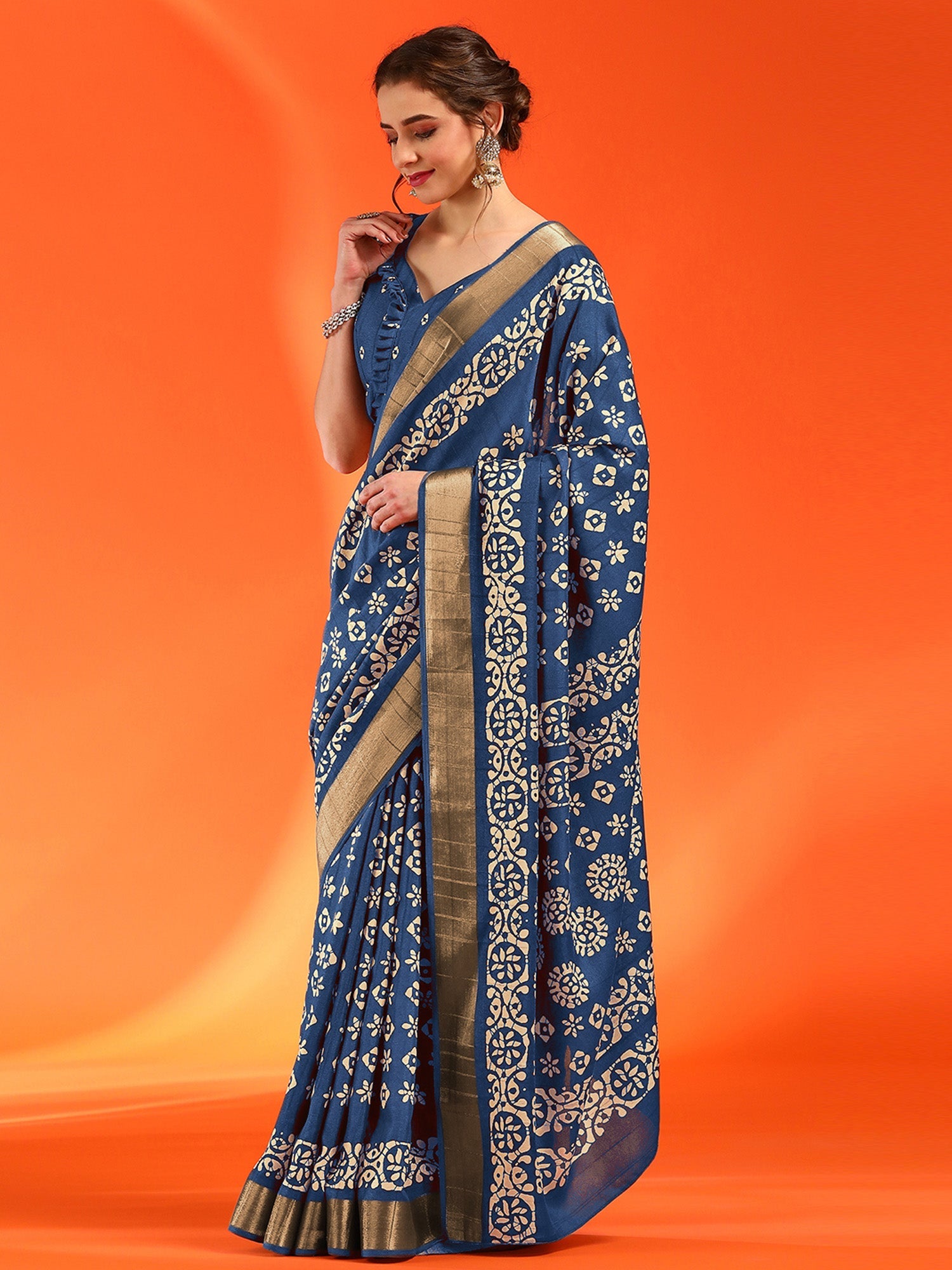NOZ2TOZ Women's Silk Blend Blue Printed Designer Saree With Blouse Piece - Distacart