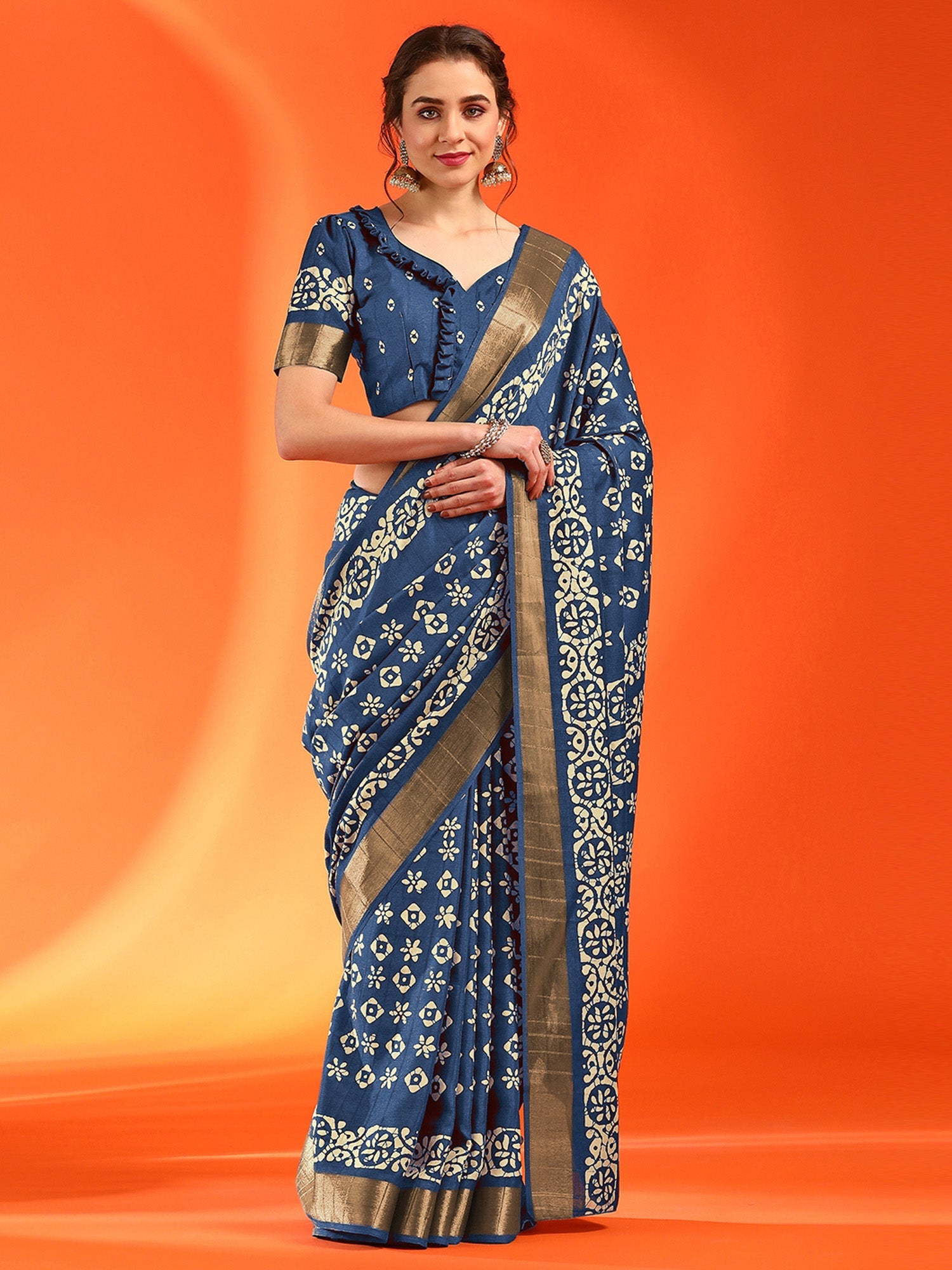 NOZ2TOZ Women's Silk Blend Blue Printed Designer Saree With Blouse Piece - Distacart