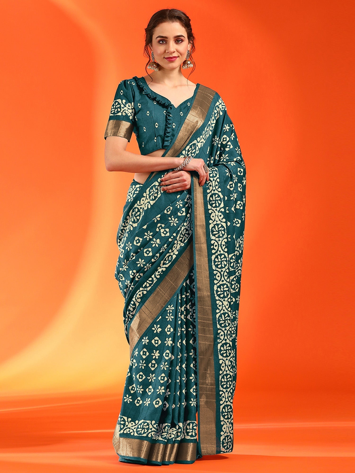 NOZ2TOZ Women's Silk Blend Teal blue Printed Designer Saree With Blouse Piece - Distacart