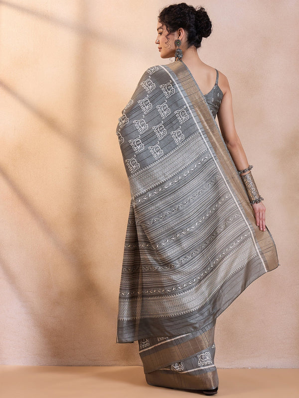 NOZ2TOZ Women's Silk Blend Grey Printed Designer Saree With Blouse Piece - Distacart