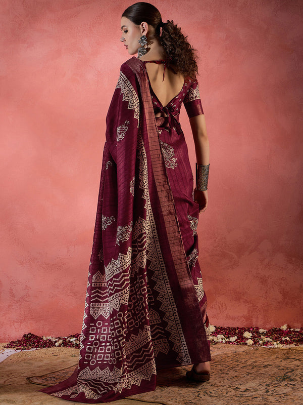 NOZ2TOZ Women's Silk Blend Burgundy Printed Designer Saree With Blouse Piece - Distacart
