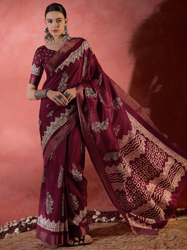 NOZ2TOZ Women's Silk Blend Burgundy Printed Designer Saree With Blouse Piece - Distacart