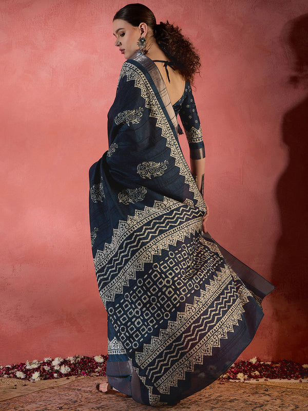 NOZ2TOZ Women's Silk Blend Teal blue Printed Designer Saree With Blouse Piece - Distacart