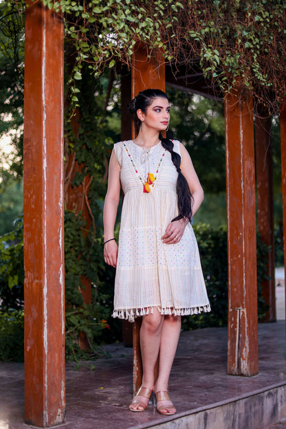 Aayaa Designer Multi Thread Hand Work Khadi Cotton One Piece Dress - Off White - Distacart