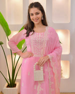 Thumbnail for The52 Pink Women's Beautiful Chikankari Work Chanderi Fabric Straight Kurta Pant and Dupatta Set - Distacart