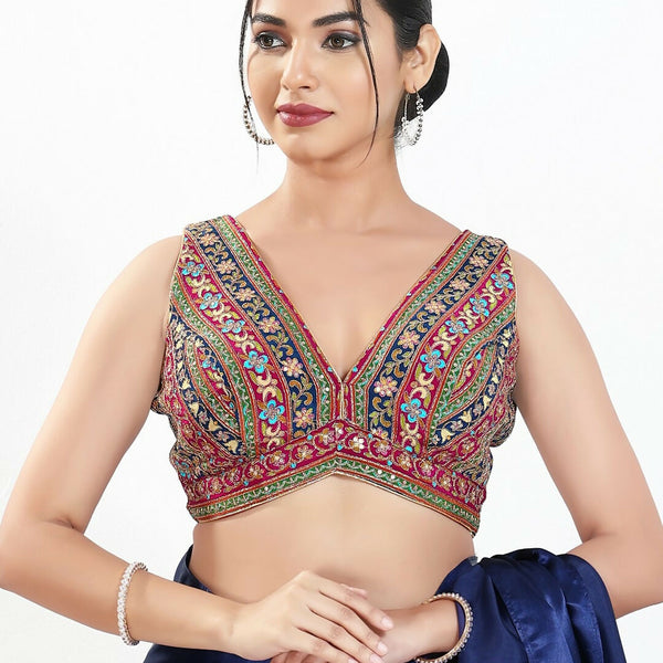 Joban Fashion Magenta Multi Georgette Padded Blouse With V Neck Sleeveless - Distacart