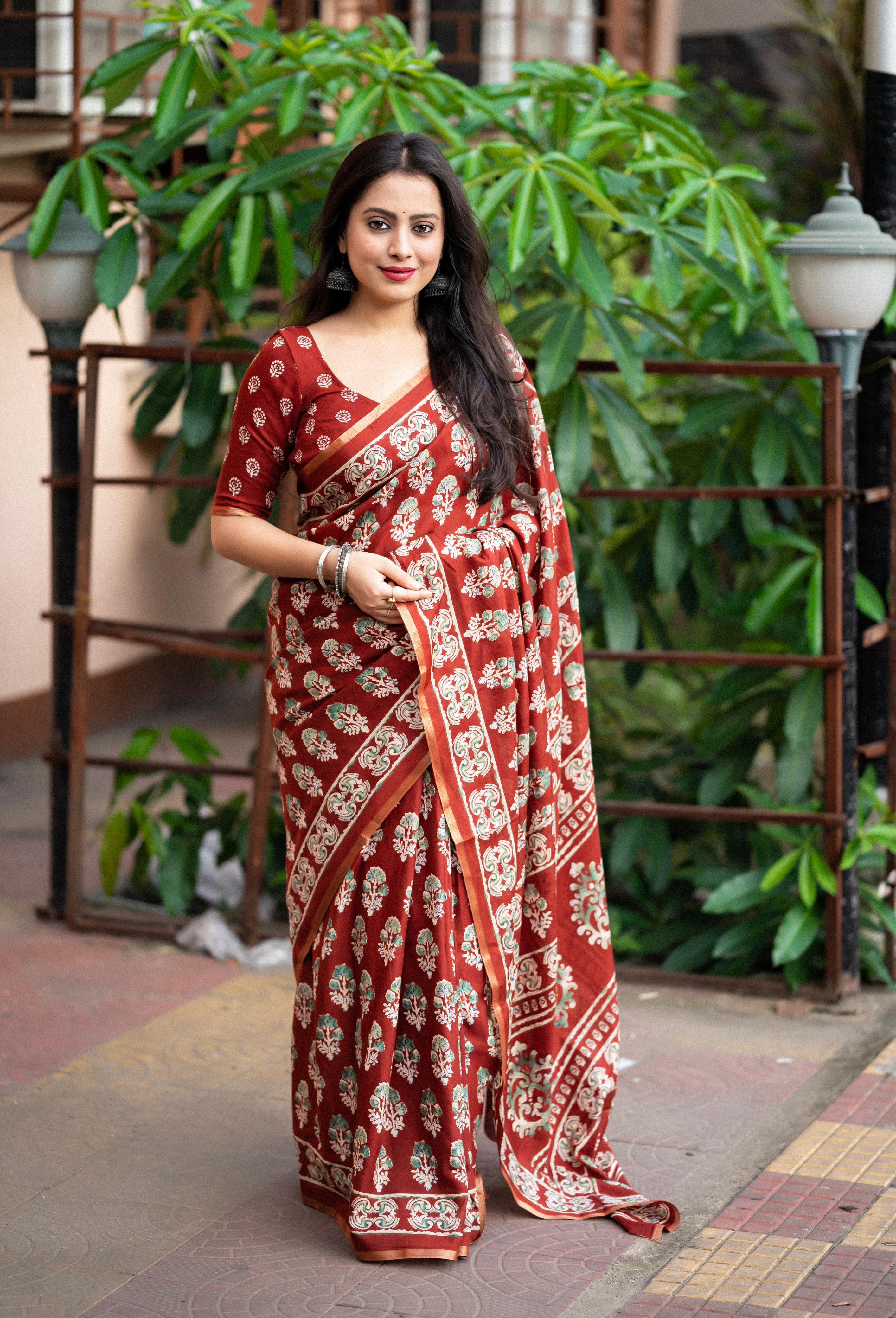 Red Cotton Blend Ajrak Saree with Unstitched Blouse - A2M - Distacart