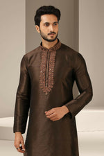 Thumbnail for Raivat Ethnic Banarasi Art Silk Mirror Work Kurta Pajama In Brown Colour - Distacart