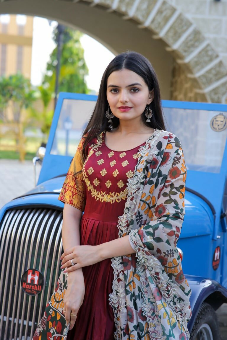 Aastha Fashion Women's Maroon Silk Jacquard Woven with Embroidery Anarkali Dress with Dupatta - Distacart