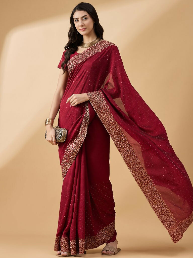 Maroon Silk Blend Embroidered Saree with Unstitched Blouse - Vairagi - Distacart